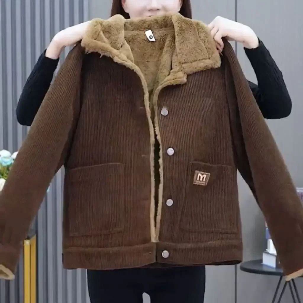 Plus Size Corduroy Short Coat Winter Thickened Warm Slimming Jacket 3