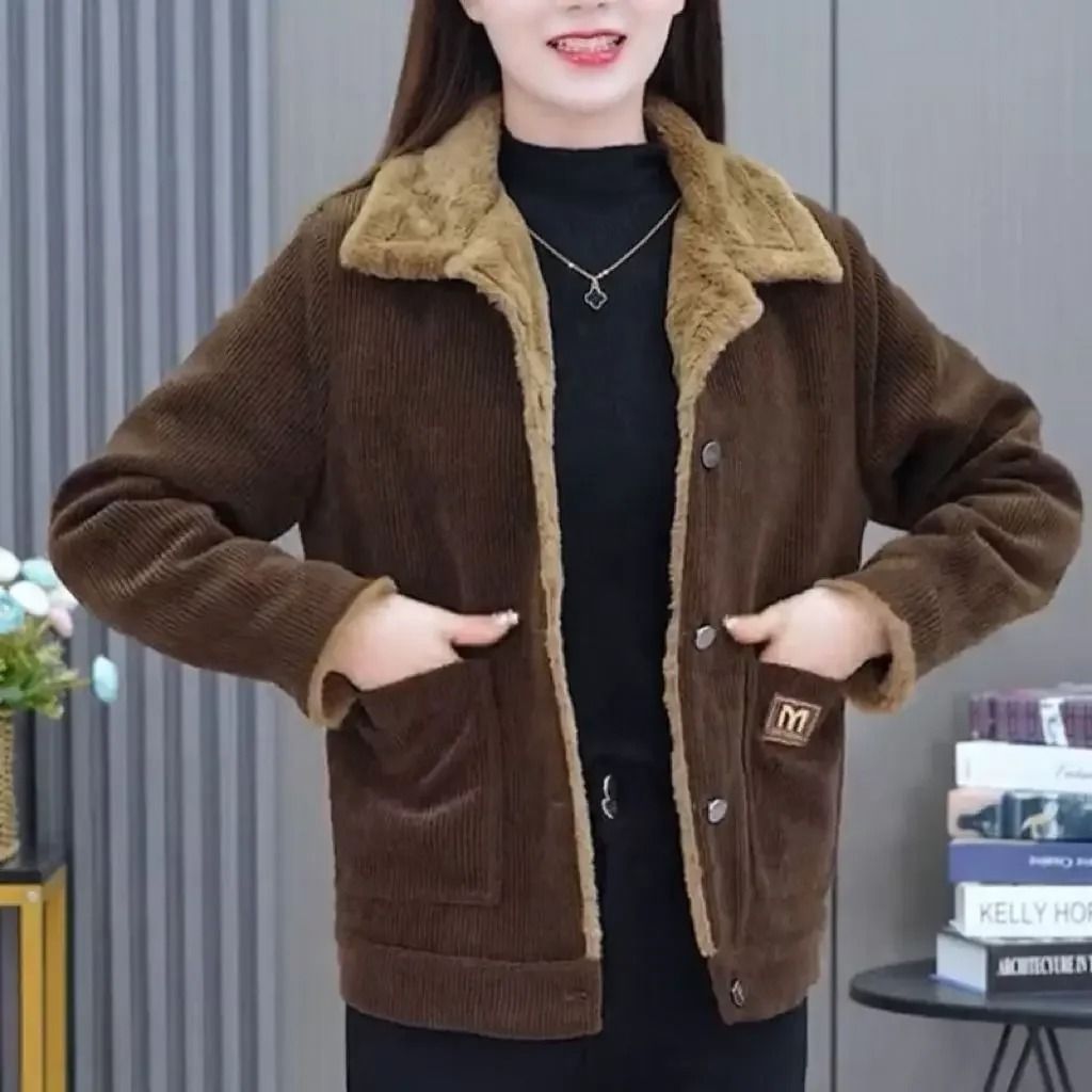 Plus Size Corduroy Short Coat Winter Thickened Warm Slimming Jacket 4