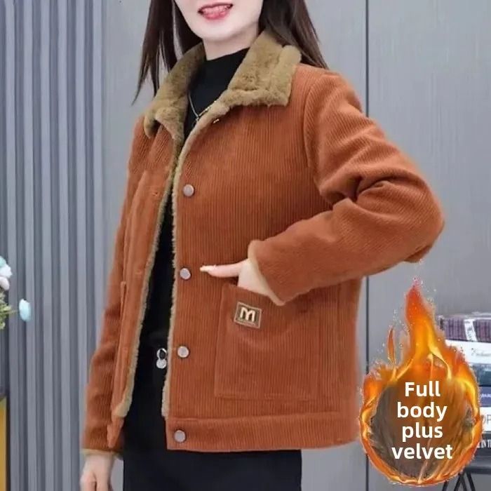 Plus Size Corduroy Short Coat Winter Thickened Warm Slimming Jacket 5