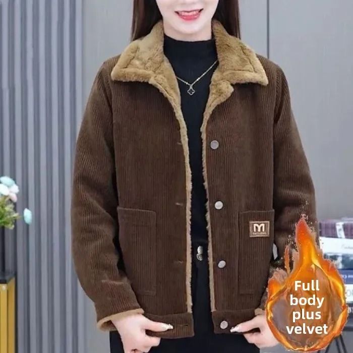 Plus Size Corduroy Short Coat Winter Thickened Warm Slimming Jacket 7