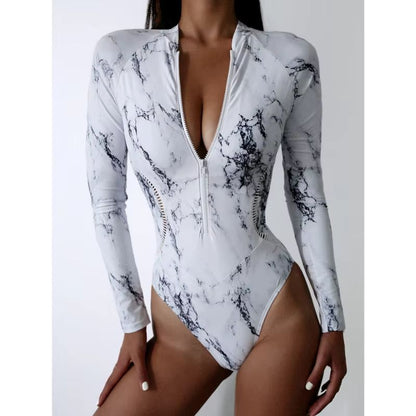 Womens Long Sleeve Zipper OnePiece Swimsuit  Summer Print Surf  Swimwear For Beach And Water Sports 1