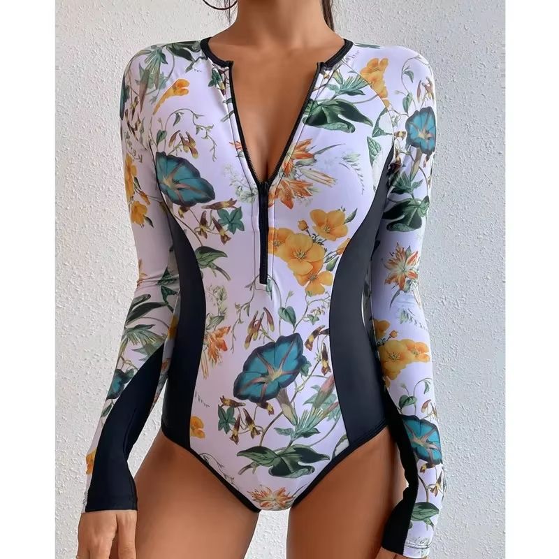 Womens Long Sleeve Zipper OnePiece Swimsuit  Summer Print Surf  Swimwear For Beach And Water Sports 4