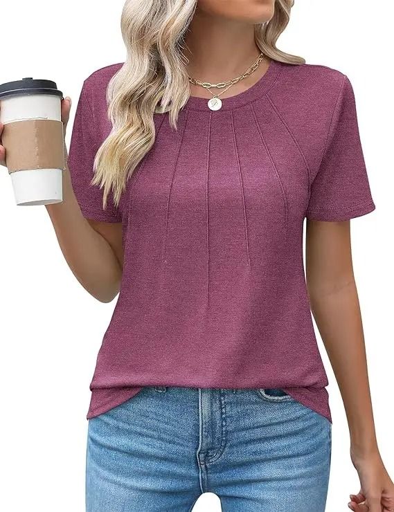 Women V Neck Puff Pleated Summer Tunic Blouse Casual Work Top 9