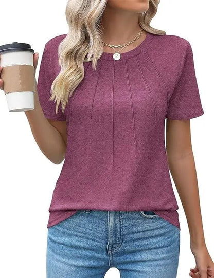 Women V Neck Puff Pleated Summer Tunic Blouse Casual Work Top 9