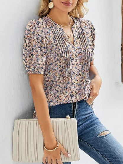 Women V Neck Puff Pleated Summer Tunic Blouse Casual Work Top 1