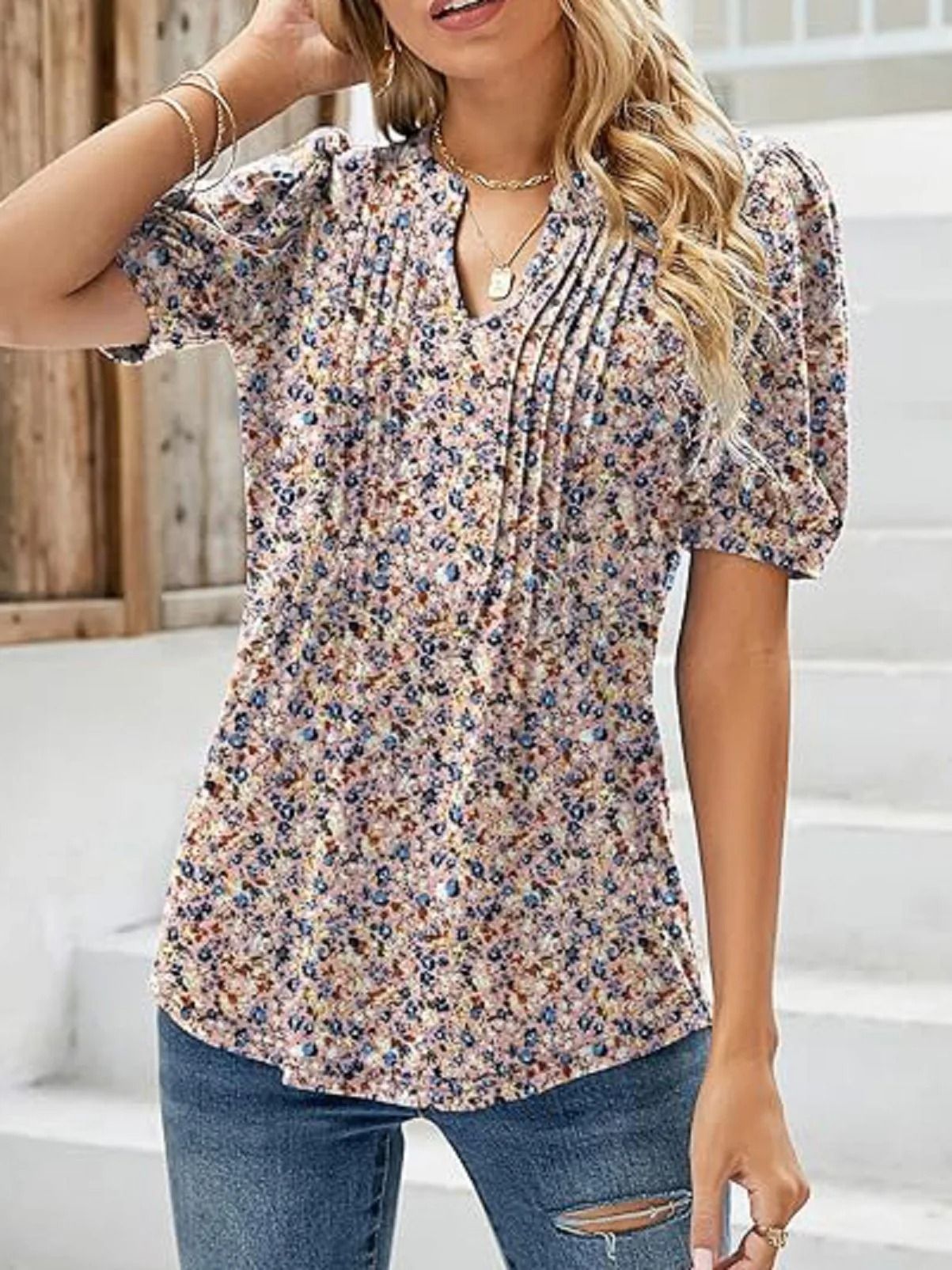 Women V Neck Puff Pleated Summer Tunic Blouse Casual Work Top 2