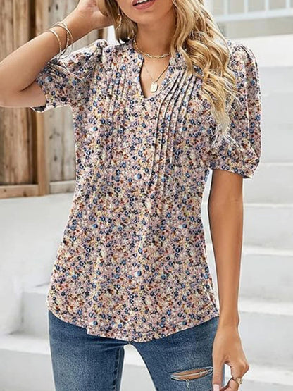 Women V Neck Puff Pleated Summer Tunic Blouse Casual Work Top 2