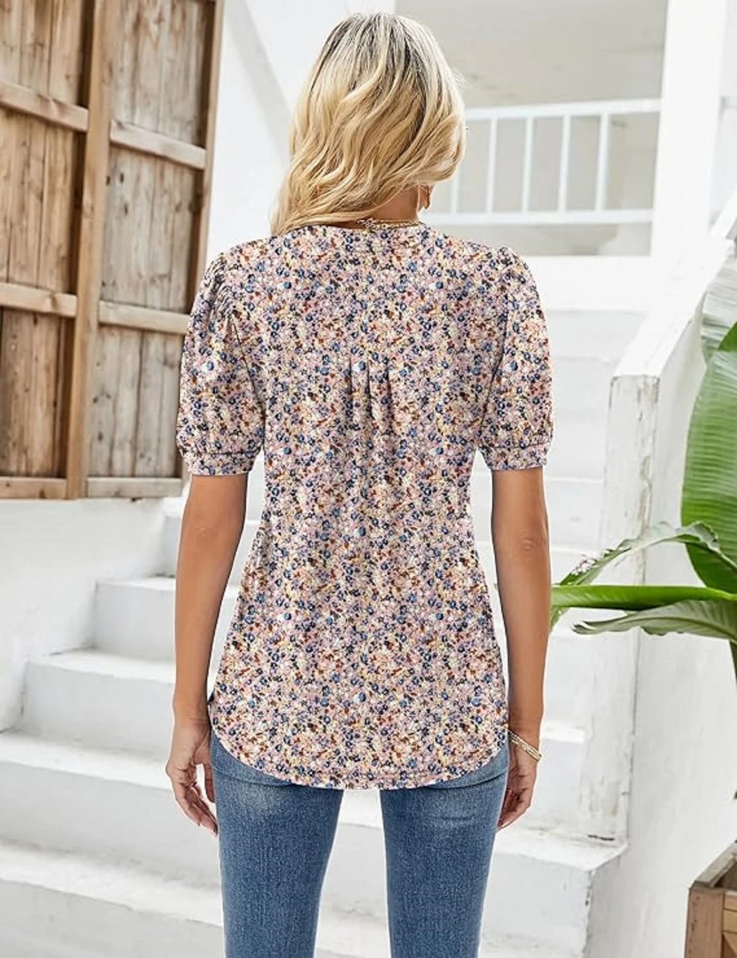 Women V Neck Puff Pleated Summer Tunic Blouse Casual Work Top 3