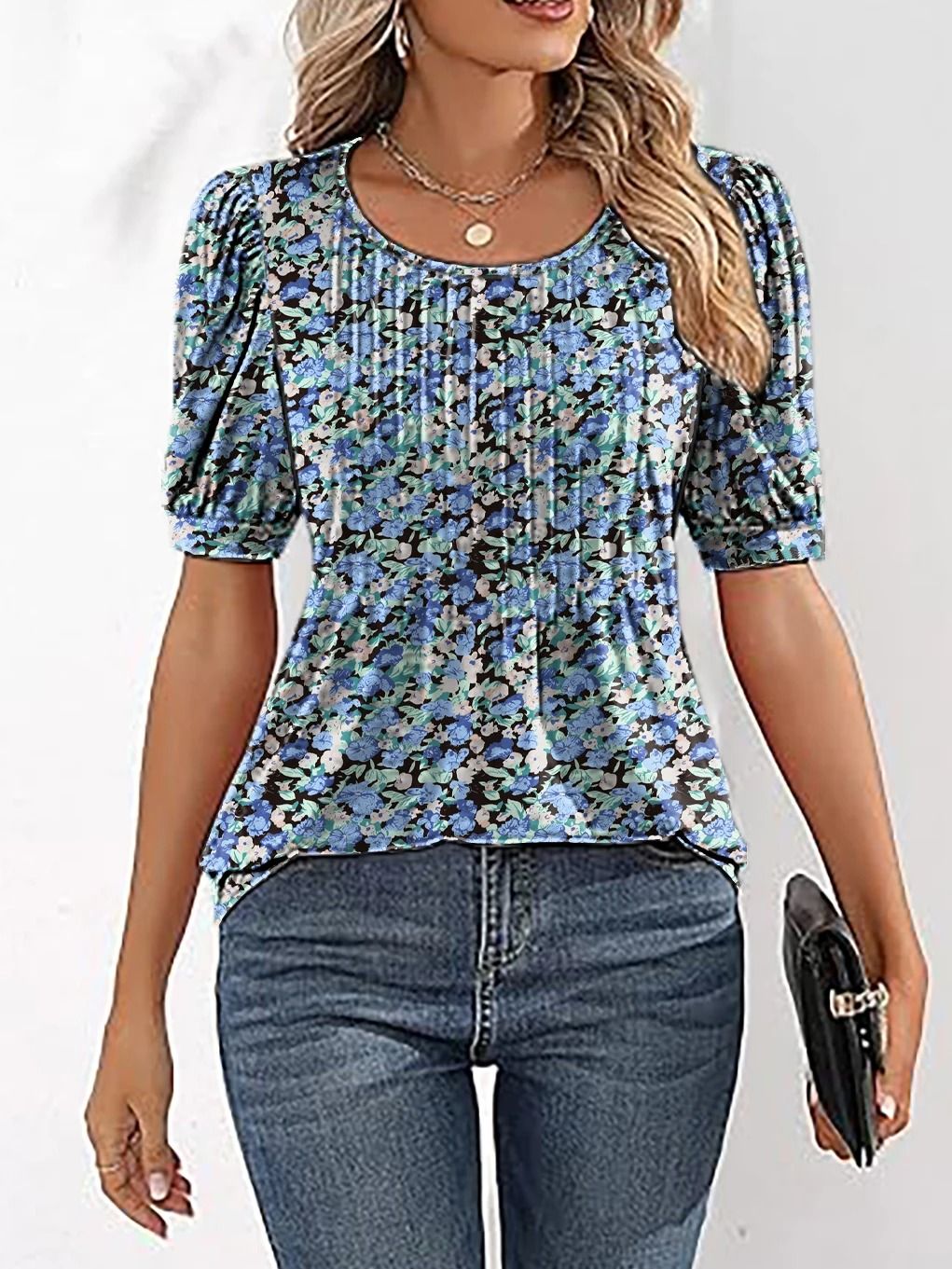 Women V Neck Puff Pleated Summer Tunic Blouse Casual Work Top 5