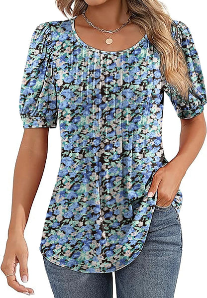 Women V Neck Puff Pleated Summer Tunic Blouse Casual Work Top 7