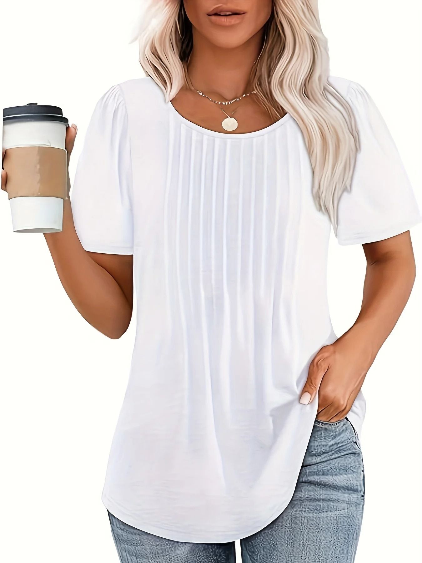 Women V Neck Puff Pleated Summer Tunic Blouse Casual Work Top 8