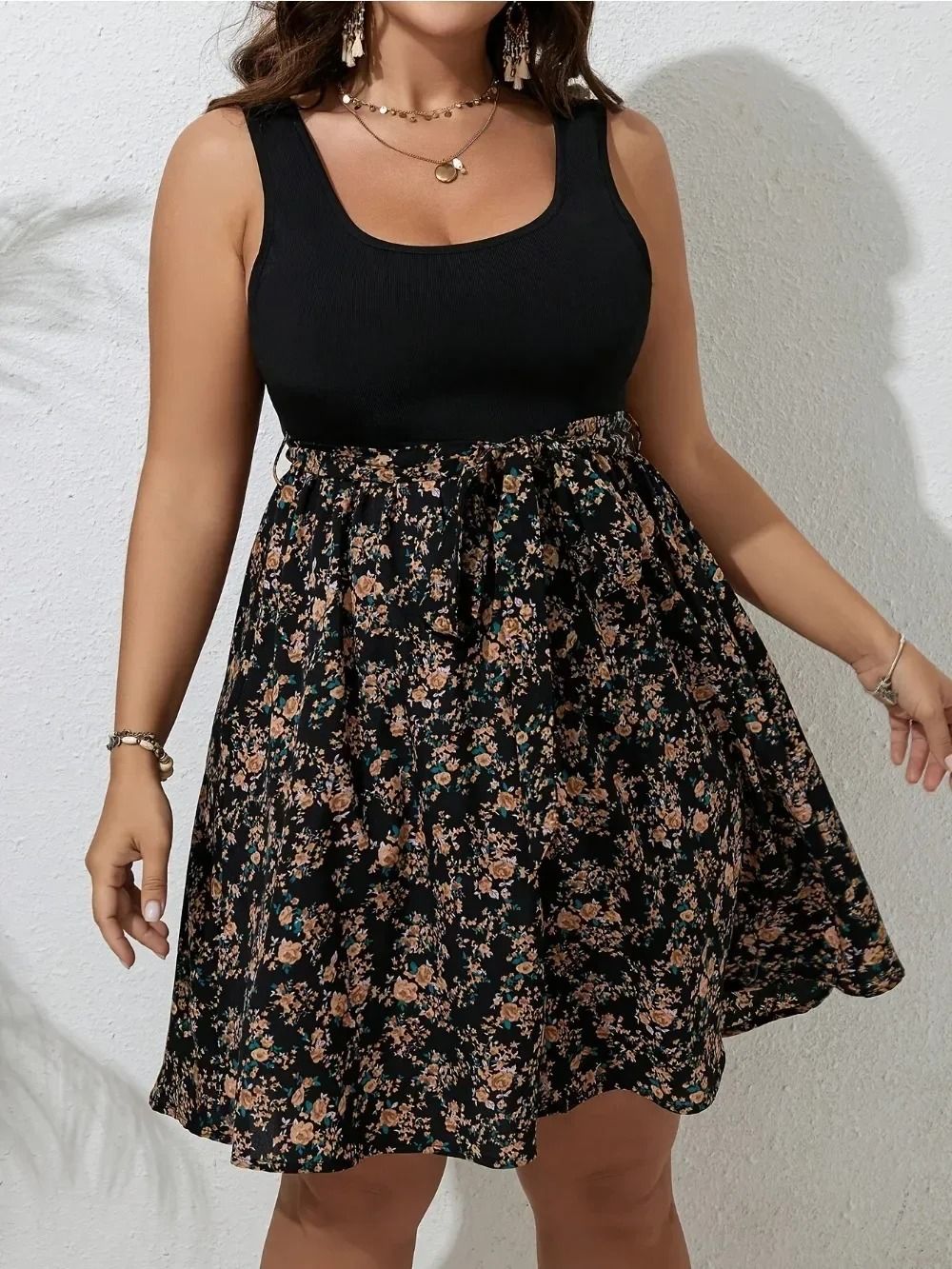 Plus Size Floral Knit Sleeveless Summer Dress With Tummy Control 1