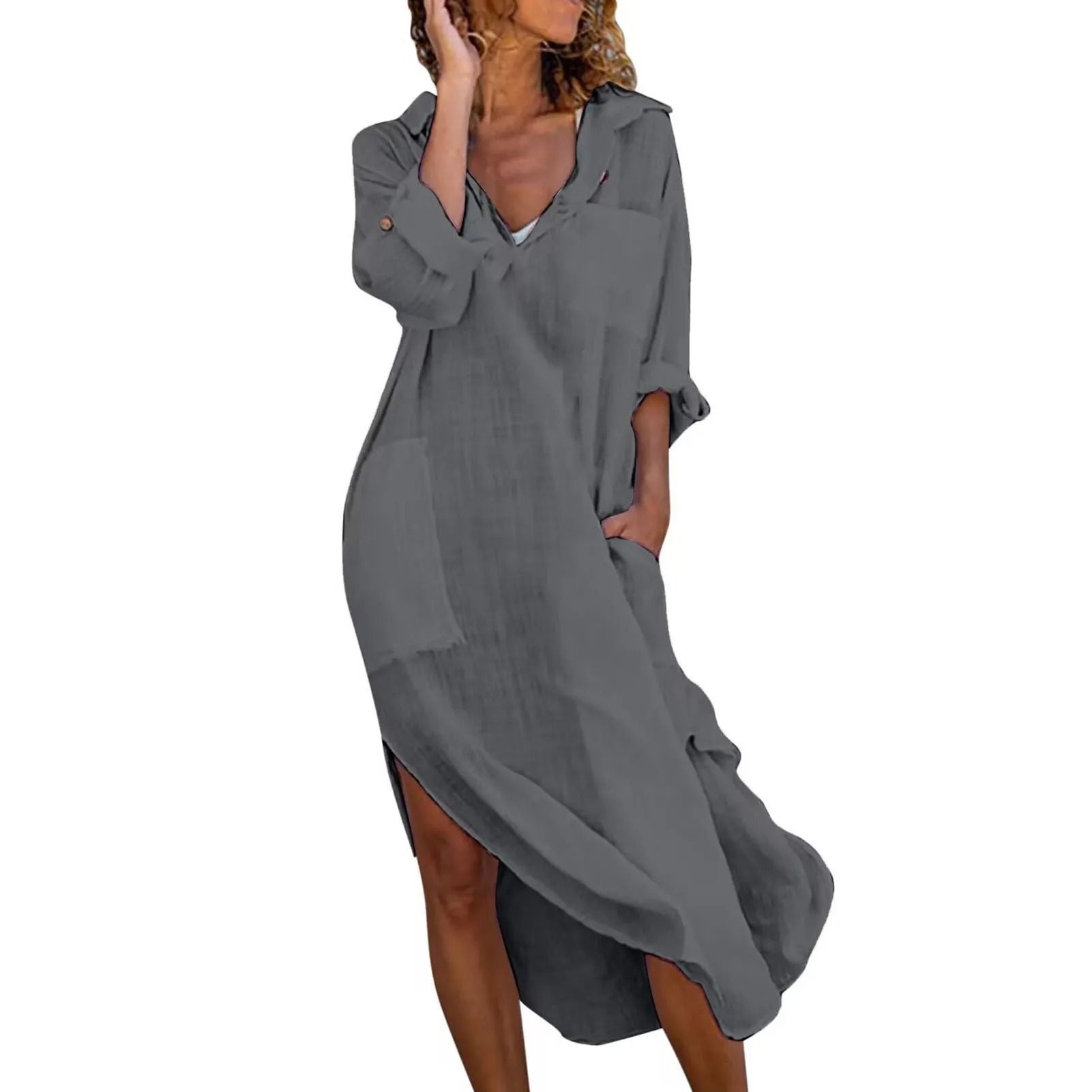 Shirt Dress For Women Linen Cotton Clothing Oversized Pure Long Midi Dress 8