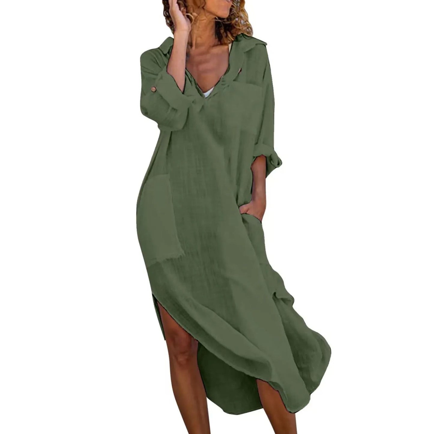 Shirt Dress For Women Linen Cotton Clothing Oversized Pure Long Midi Dress 9