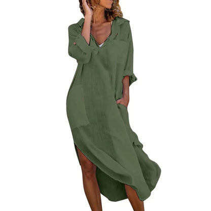 Shirt Dress For Women Linen Cotton Clothing Oversized Pure Long Midi Dress 9
