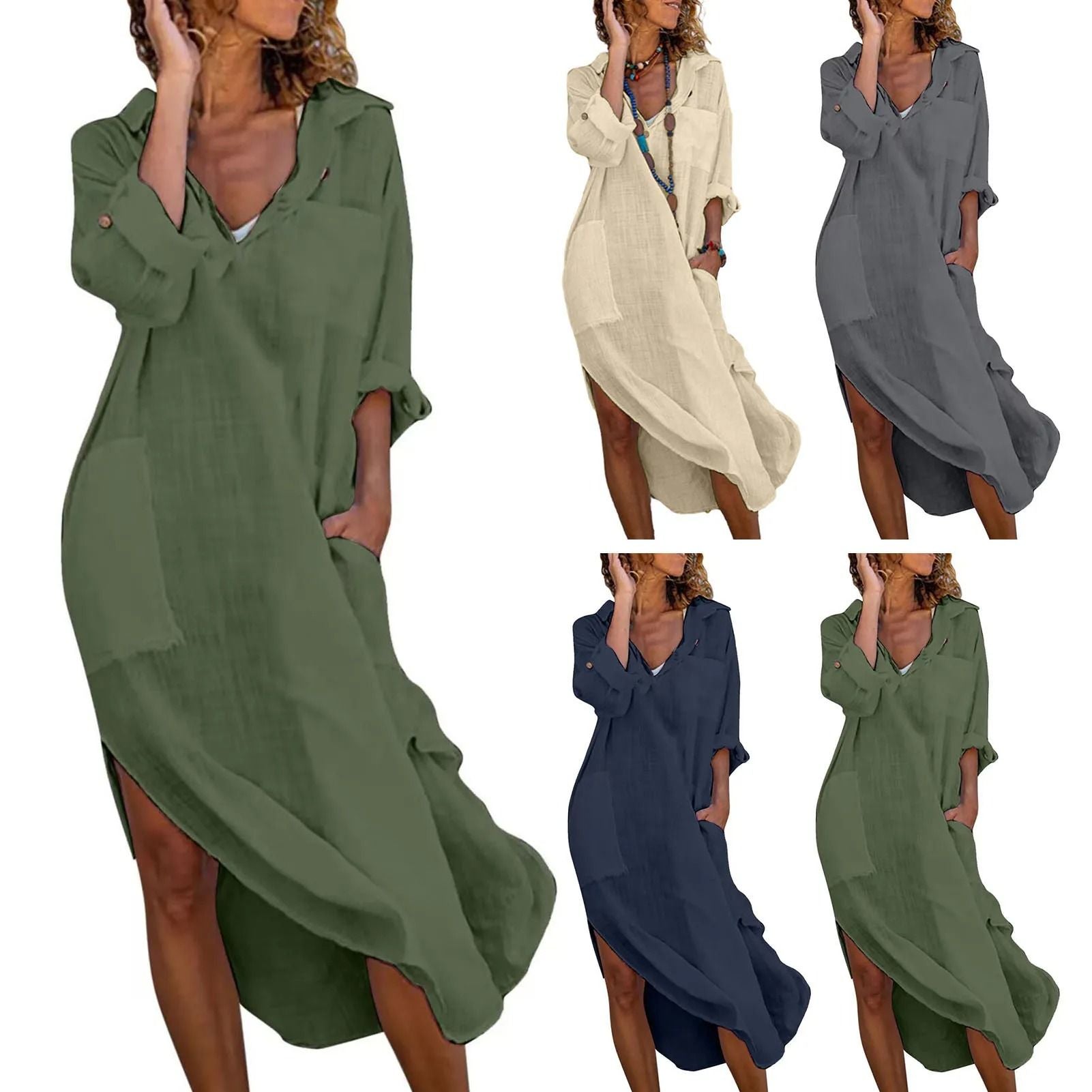 Shirt Dress For Women Linen Cotton Clothing Oversized Pure Long Midi Dress 1
