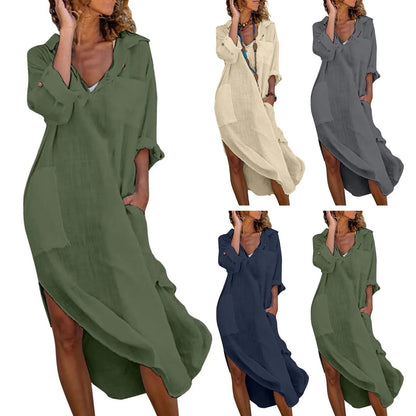Shirt Dress For Women Linen Cotton Clothing Oversized Pure Long Midi Dress 1