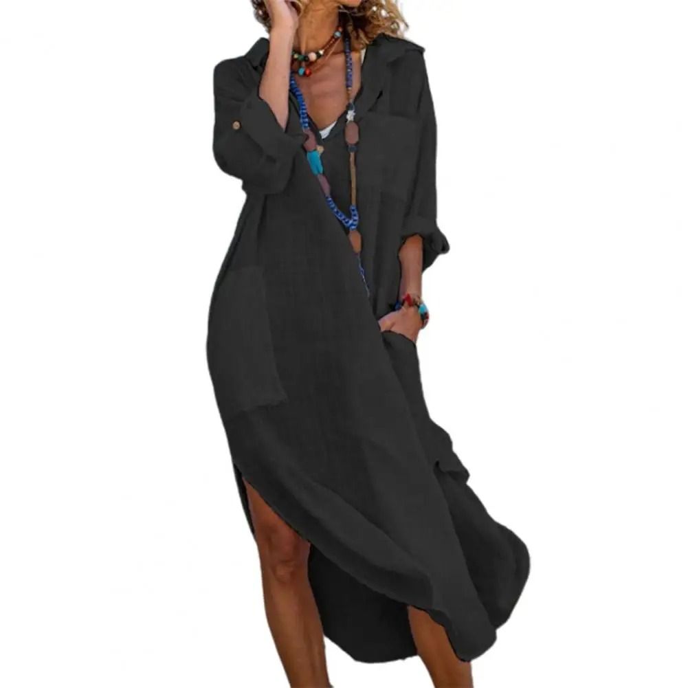 Shirt Dress For Women Linen Cotton Clothing Oversized Pure Long Midi Dress 7
