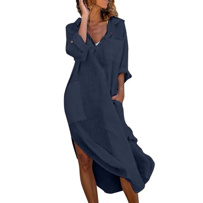 Shirt Dress For Women Linen Cotton Clothing Oversized Pure Long Midi Dress 11