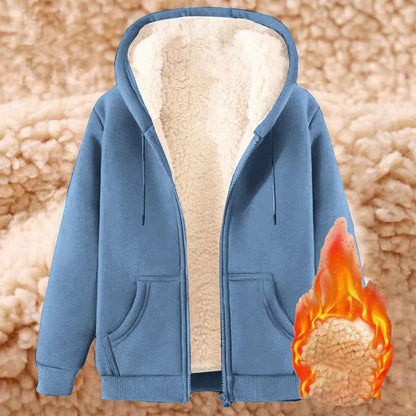 Womens Solid Color Thick Fleece Zip Up Hoodie With Pockets 1