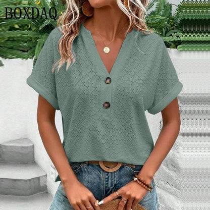 Loose Jacquard V Neck Button Down Blouse Oversized Summer Top