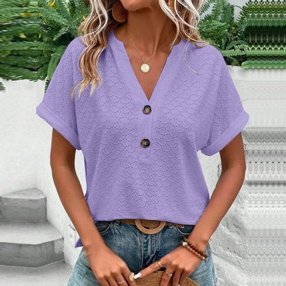 Loose Jacquard V Neck Button Down Blouse Oversized Summer Top 1
