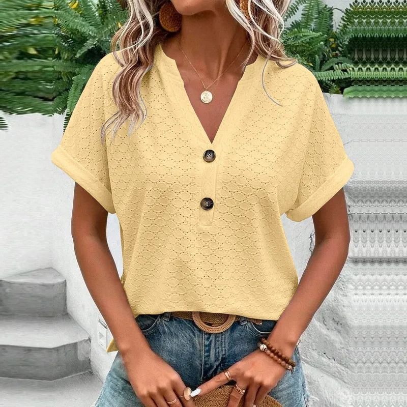 Loose Jacquard V Neck Button Down Blouse Oversized Summer Top 3