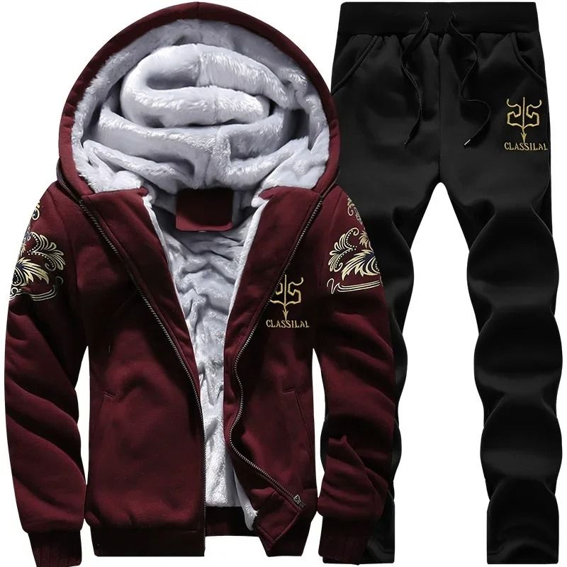 Men Hooded Fleece Sports Jacket and Pants Two Piece Set