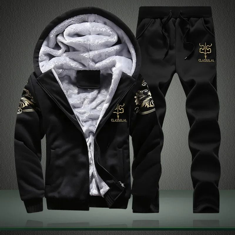 Men Hooded Fleece Sports Jacket And Pants Two Piece Set 1