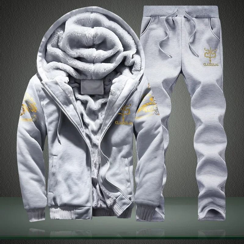 Men Hooded Fleece Sports Jacket And Pants Two Piece Set 2