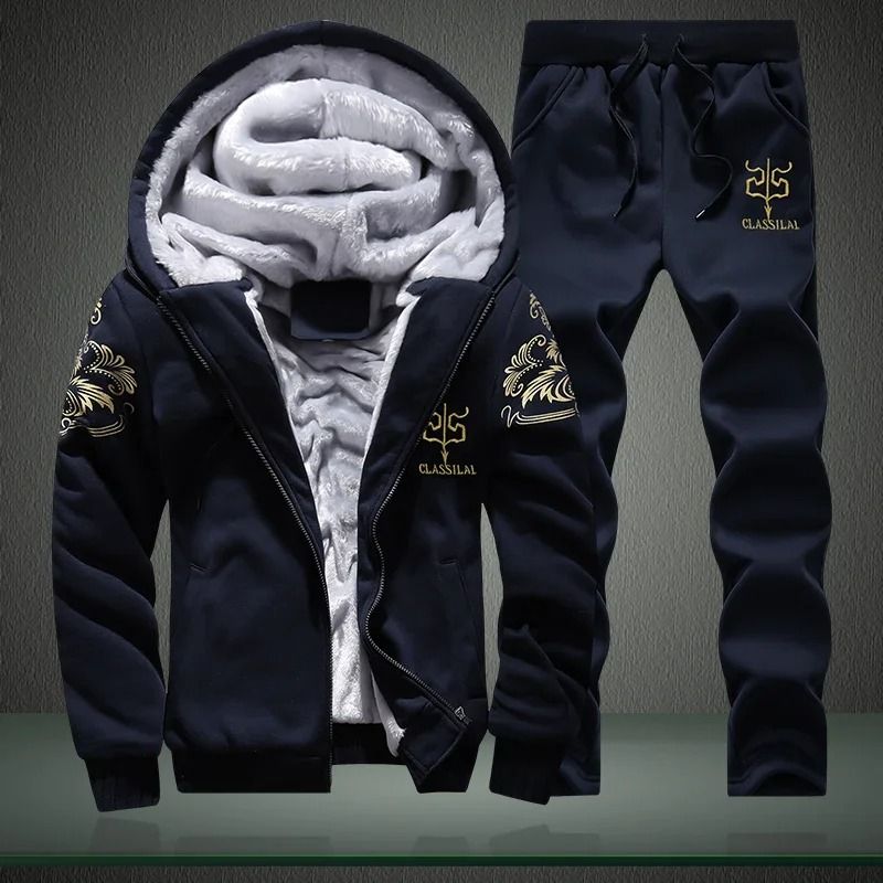 Men Hooded Fleece Sports Jacket And Pants Two Piece Set 3