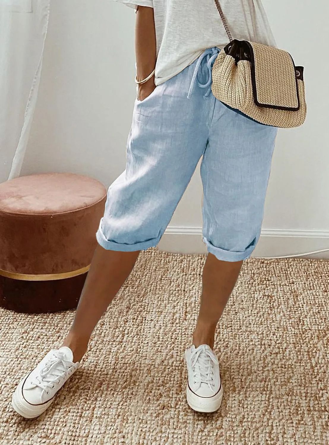 Womens Cotton Linen Elastic Waist Loose Casual Shorts 8