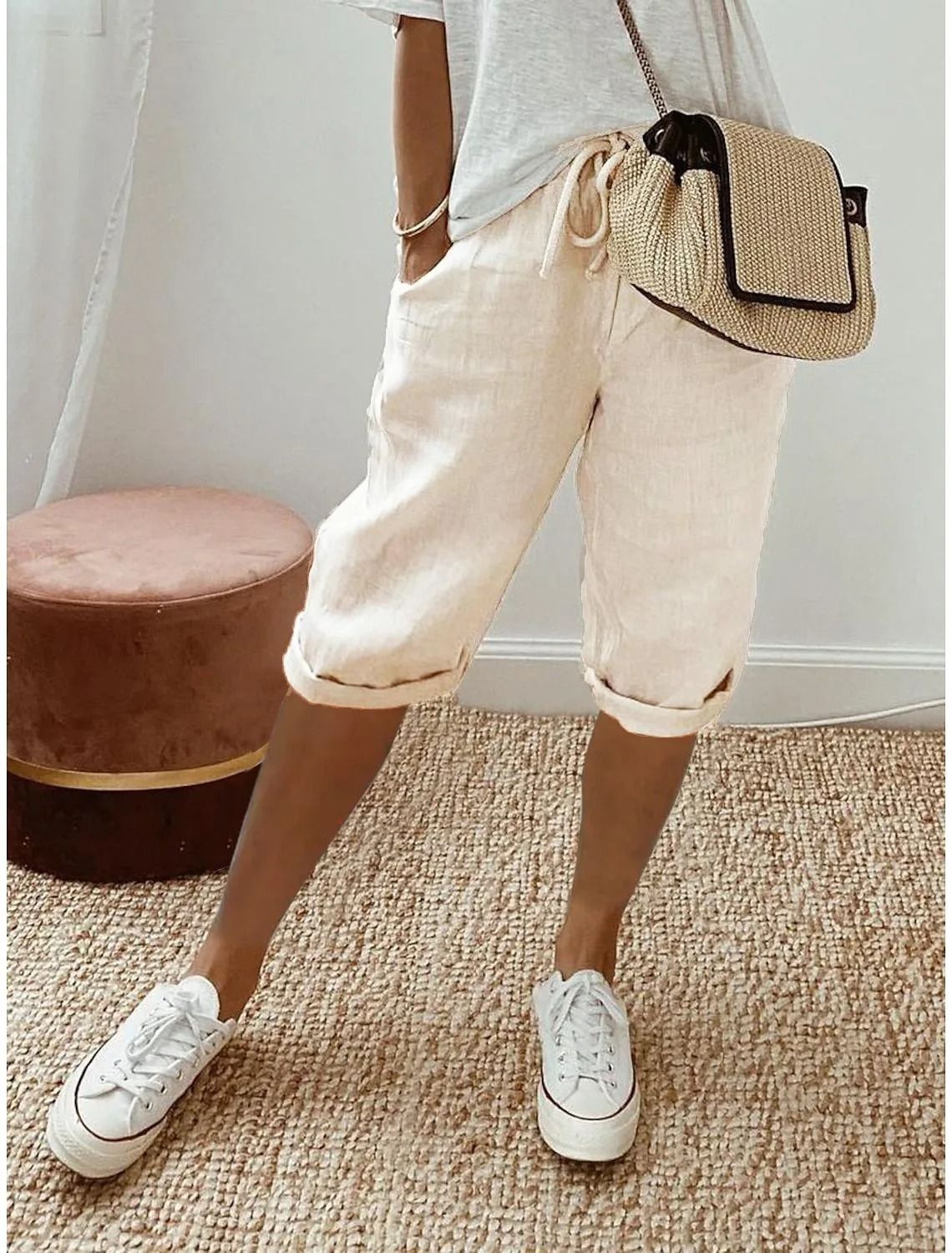 Womens Cotton Linen Elastic Waist Loose Casual Shorts 9