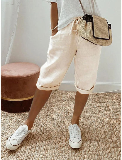 Womens Cotton Linen Elastic Waist Loose Casual Shorts 9