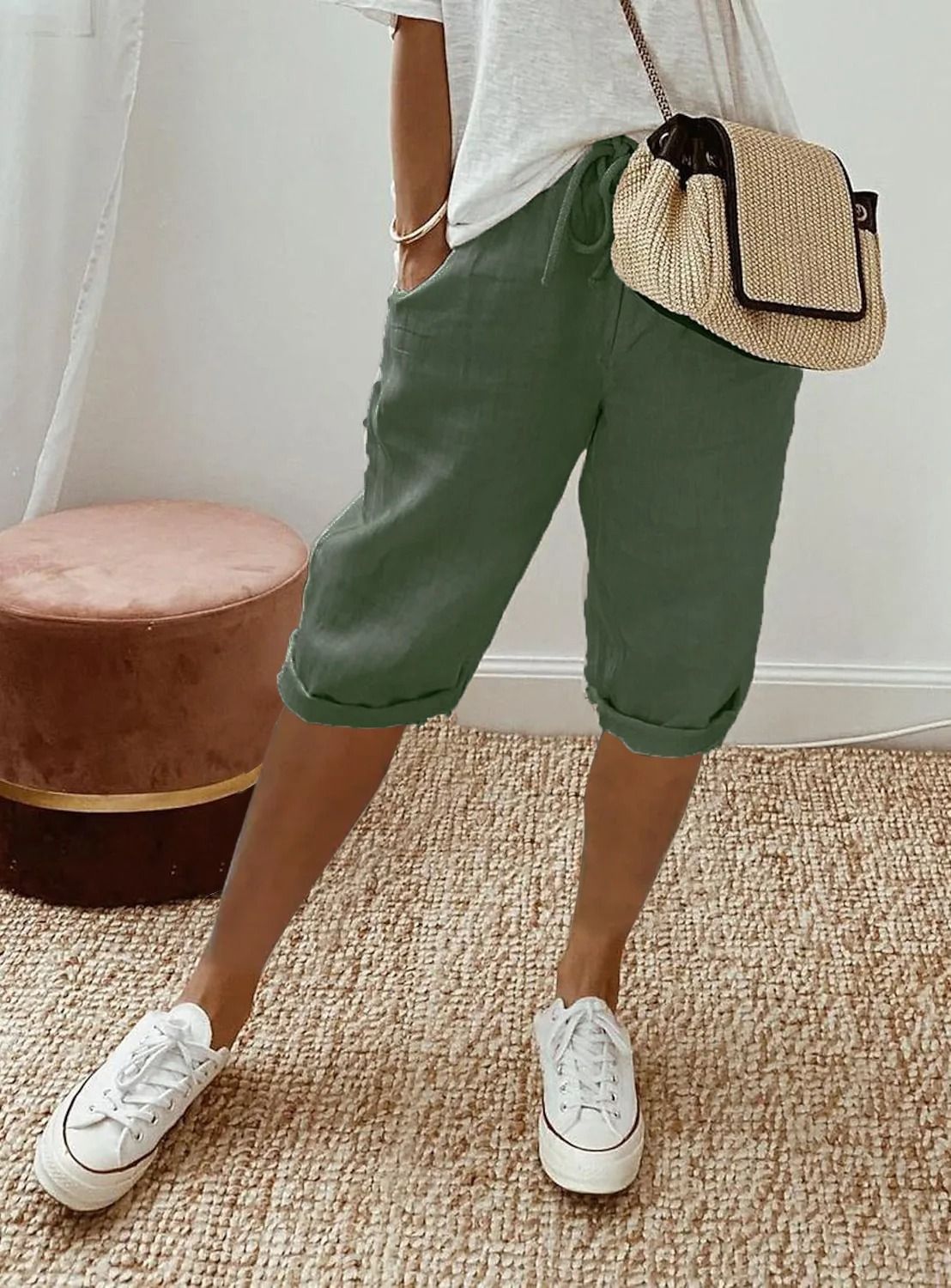 Womens Cotton Linen Elastic Waist Loose Casual Shorts 10