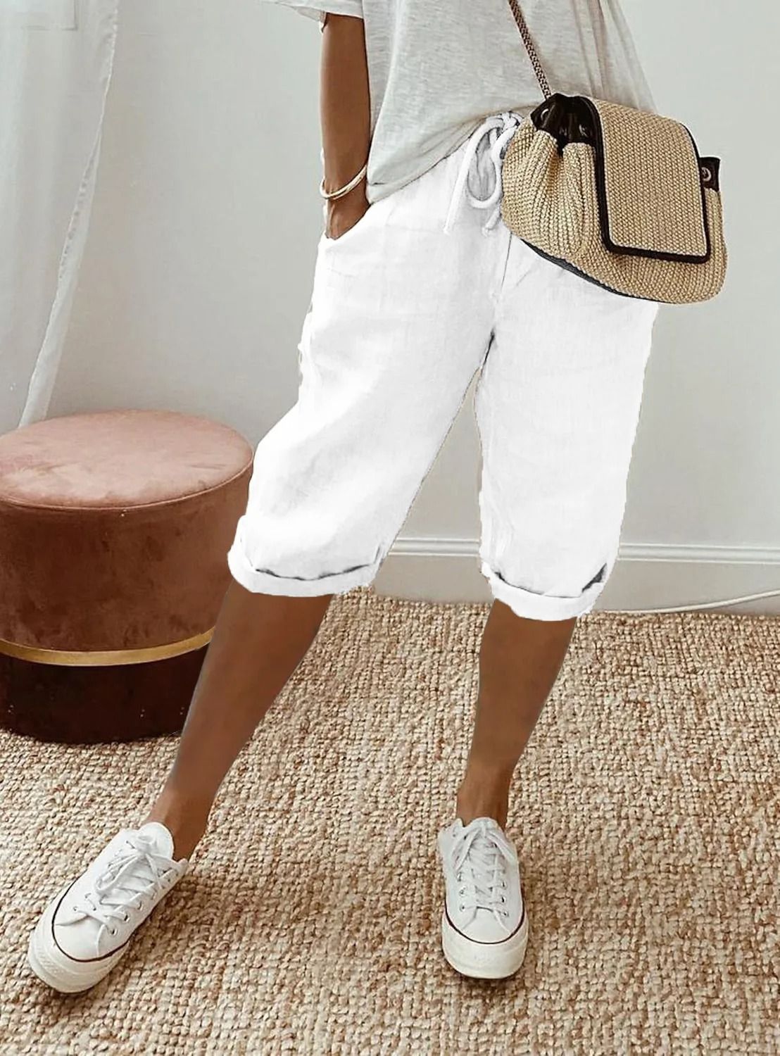 Womens Cotton Linen Elastic Waist Loose Casual Shorts 11
