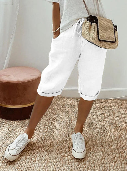 Womens Cotton Linen Elastic Waist Loose Casual Shorts 11