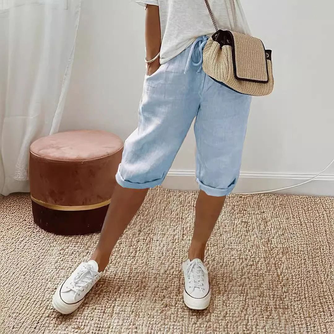 Womens Cotton Linen Elastic Waist Loose Casual Shorts 1