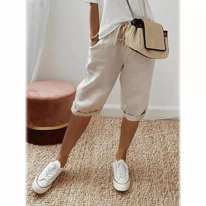 Womens Cotton Linen Elastic Waist Loose Casual Shorts 2
