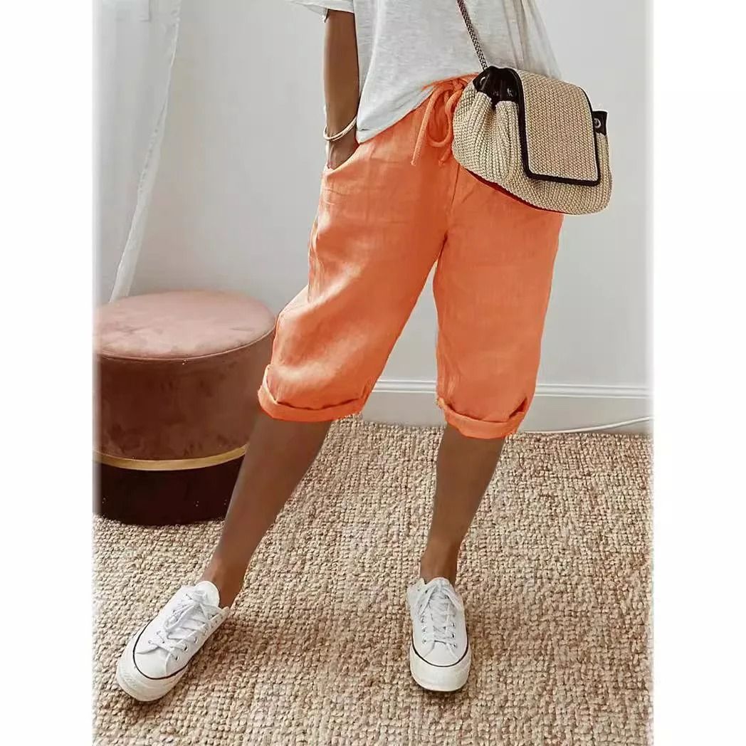 Womens Cotton Linen Elastic Waist Loose Casual Shorts 3