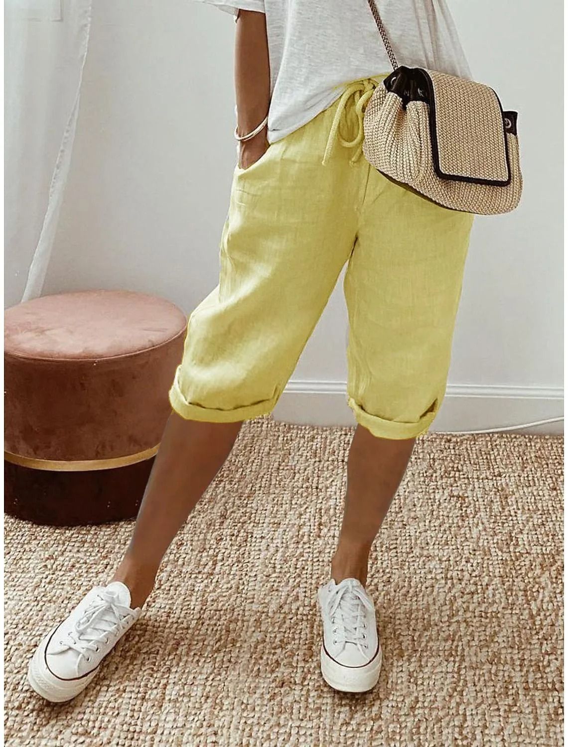 Womens Cotton Linen Elastic Waist Loose Casual Shorts 5