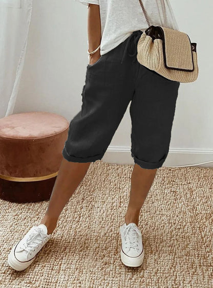 Womens Cotton Linen Elastic Waist Loose Casual Shorts 7