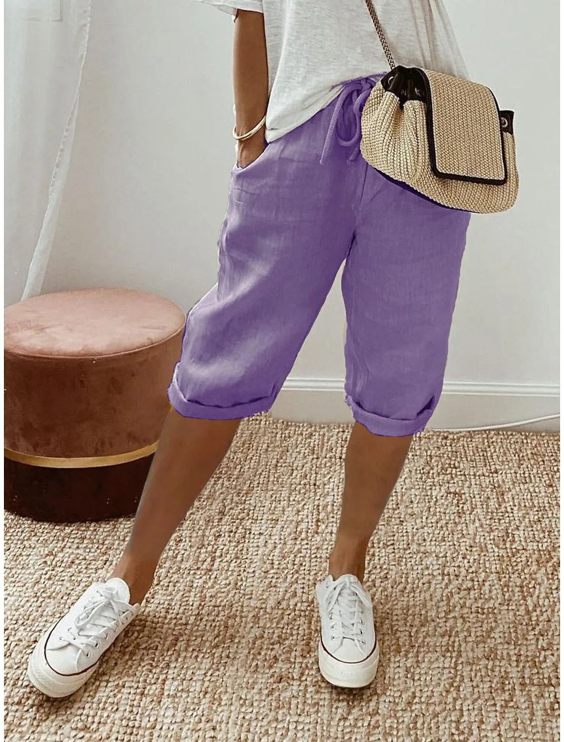 Womens Cotton Linen Elastic Waist Loose Casual Shorts 12