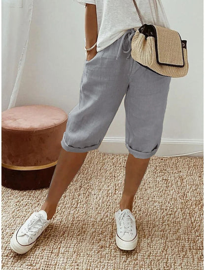 Womens Cotton Linen Elastic Waist Loose Casual Shorts 13