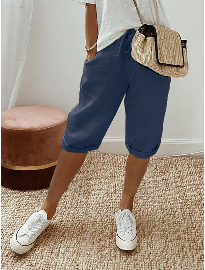 Womens Cotton Linen Elastic Waist Loose Casual Shorts 14