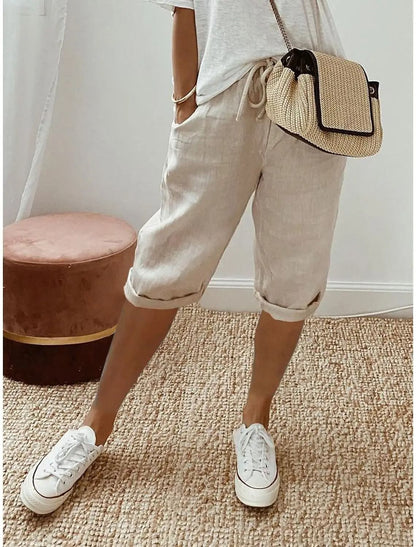 Womens Cotton Linen Elastic Waist Loose Casual Shorts 15