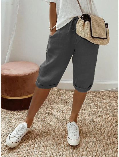 Womens Cotton Linen Elastic Waist Loose Casual Shorts 16