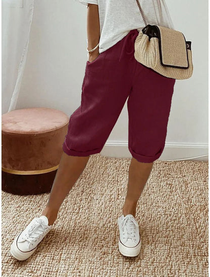 Womens Cotton Linen Elastic Waist Loose Casual Shorts 17