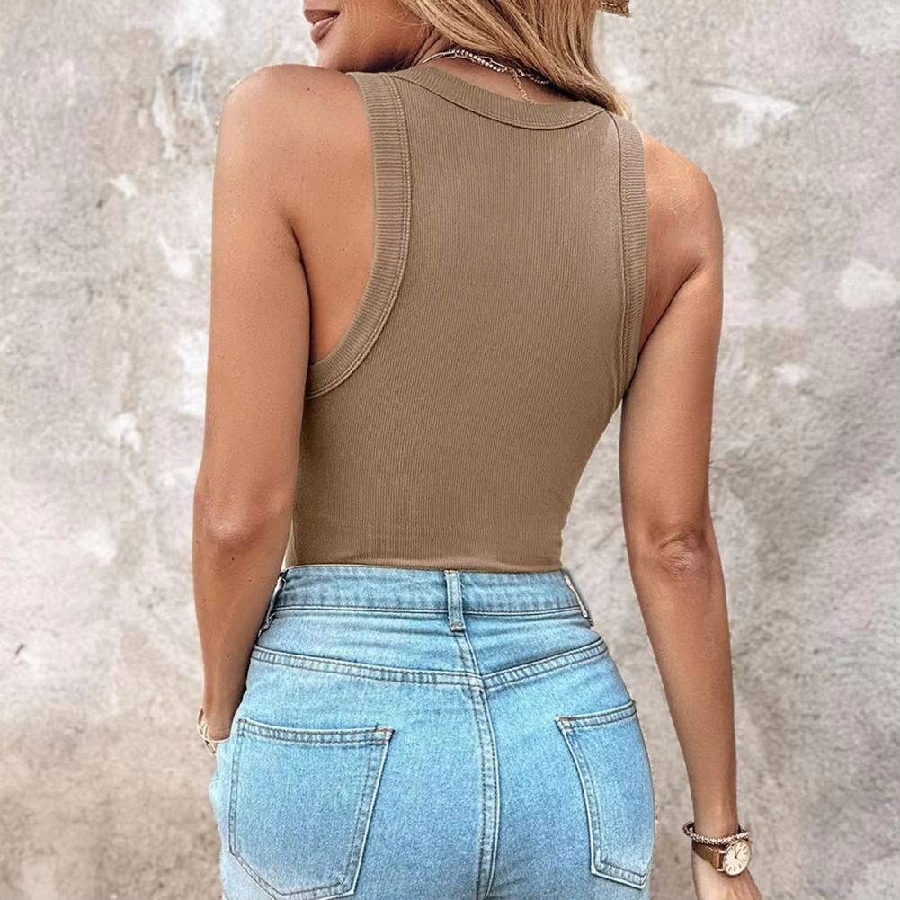 Ribbed Knit Tank Top With BuiltIn Bra  Casual Sleeveless Crew Neck Summer Vest 1