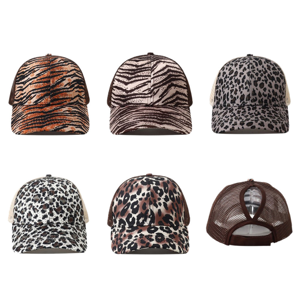 Breathable Mesh Baseball Cap for Women, Leopard Print Snapback Hat, High Ponytail Summer Trucker Sunhat Female Style